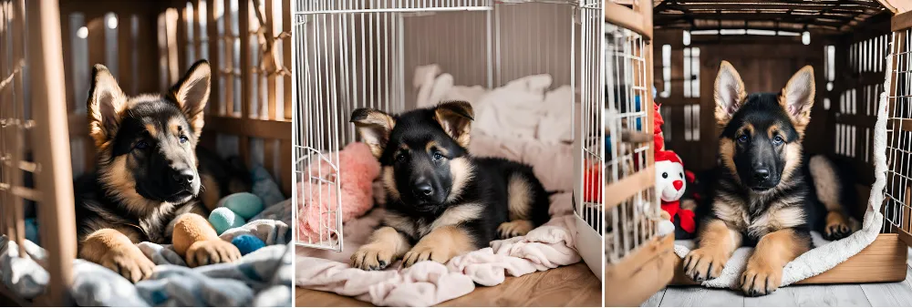 Soft bedding and familiar toys inside the German Shepherd puppy's crate.