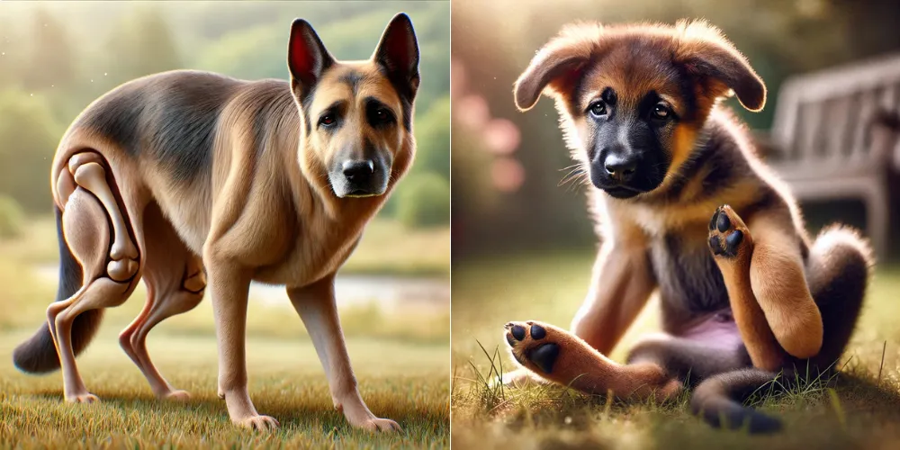 A realistic depiction of a German Shepherd dog showing signs of hip dysplasia.