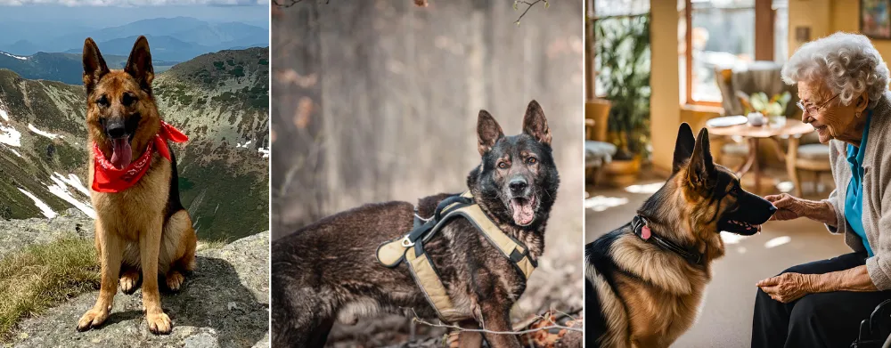 Adolescent Stage:  3 to 7-Year-Old German Shepherds (1) On top of a mountain (2) On a search mission (3) Giving emotional support to an old woman.