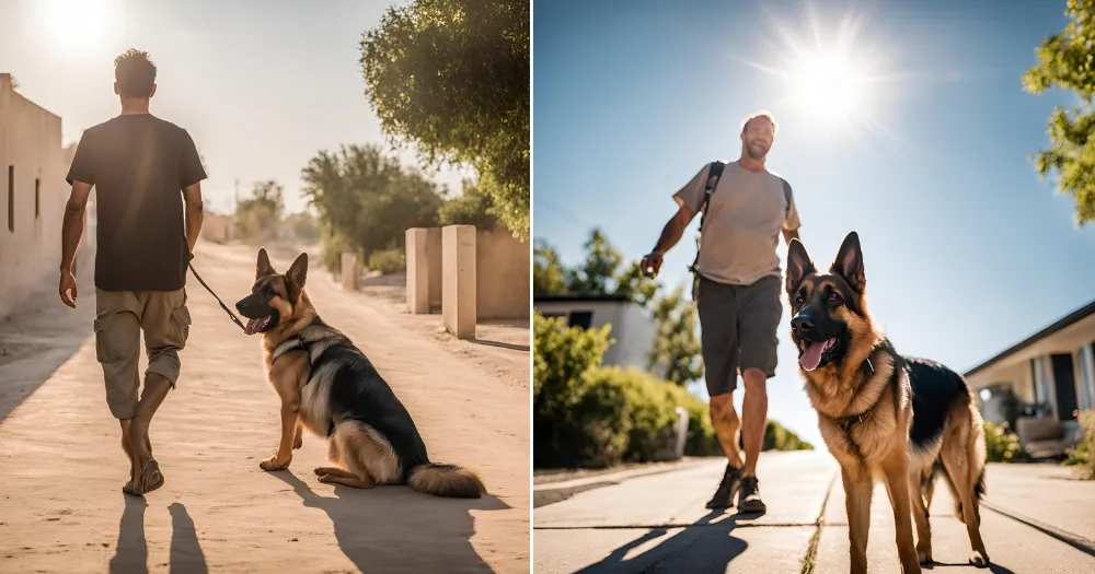 Heated and exhausted German Shepherds during a walk due to hot weather.