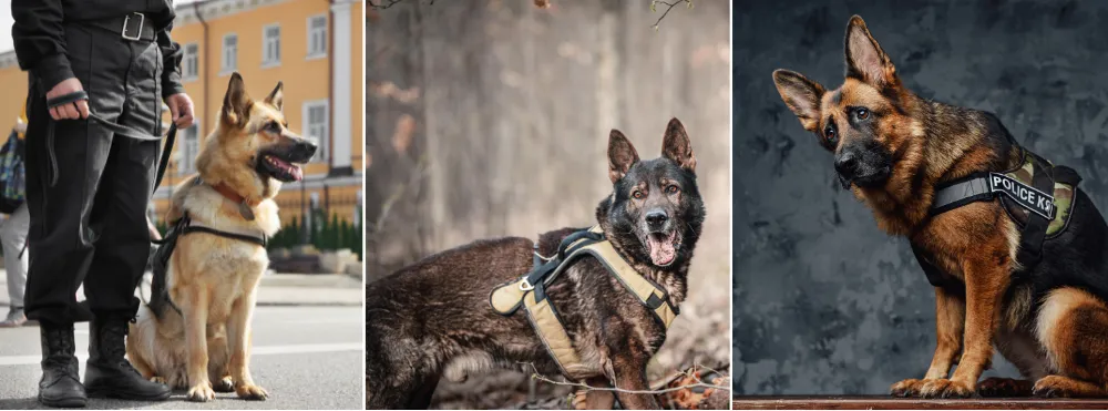 German Shepherds wearing harness