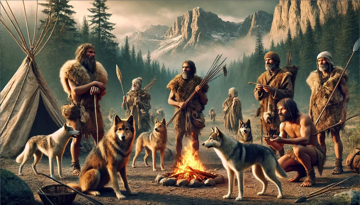 The image depicting hunter-gatherers and early domesticated dogs during the Late Pleistocene. The scene captures the bond and shared environment of humans and their first canine companions.