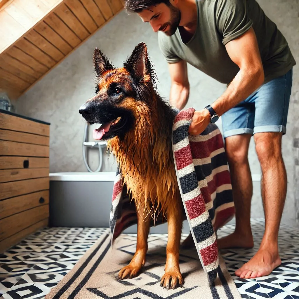 A man drying a German Shepherd using a towel after a bath