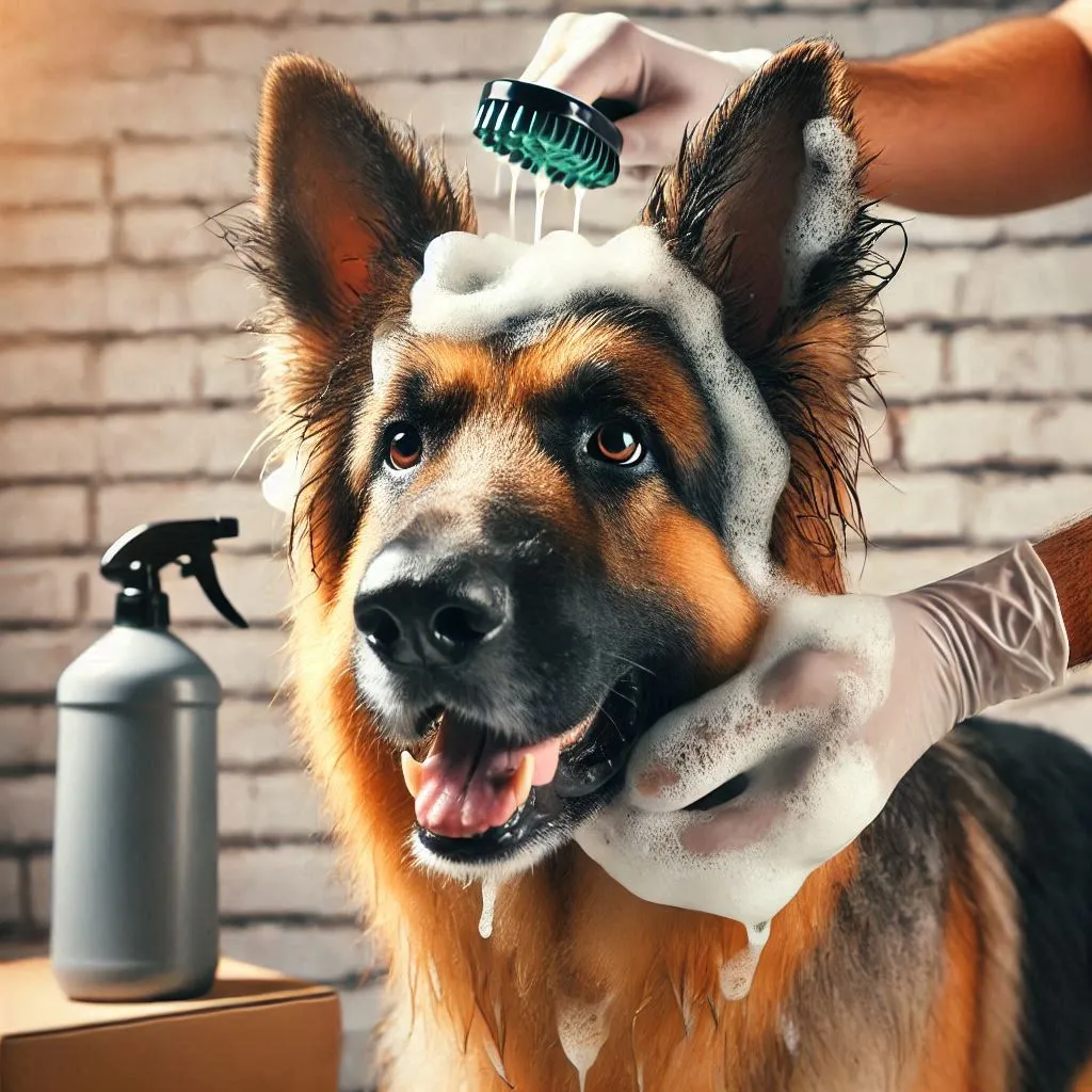 (Apply Shampoo to German Shepherd): Work the shampoo into a lather, massaging it into their coat while avoiding their eyes and ears.