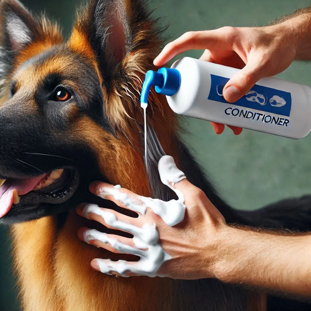 Apply conditioner if your dog’s coat is dry or prone to tangles, then rinse thoroughly again.