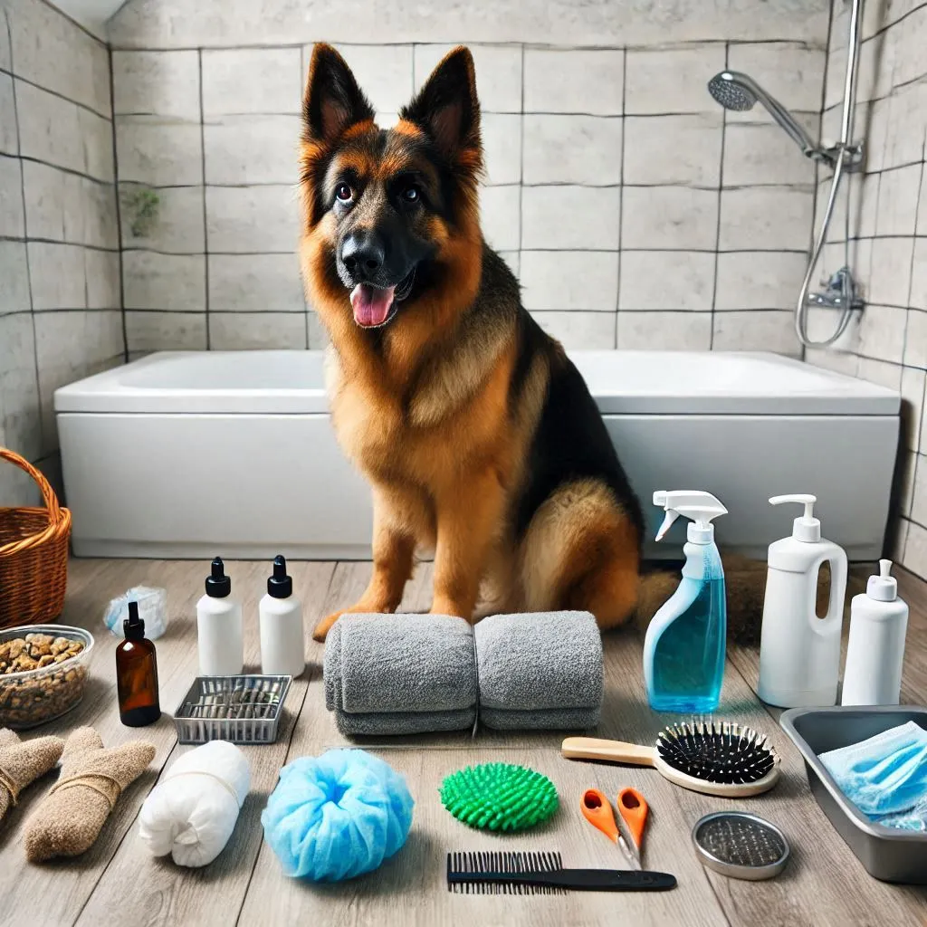 Prepare the Area for German Shepherd bath in washroom. Lay out all accessories