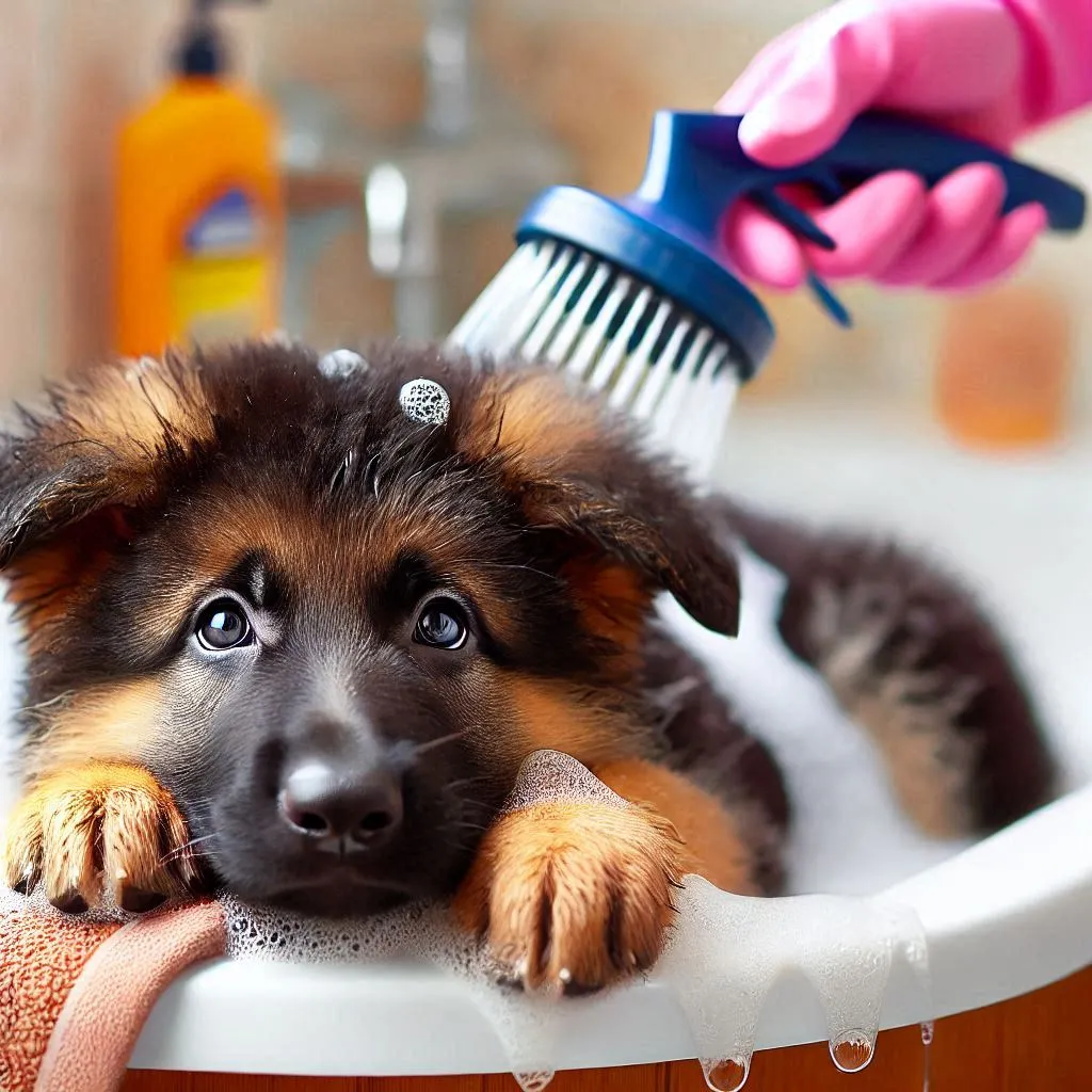 The ideal age for the first bath of a German Shepherd puppy is around 8-12 weeks